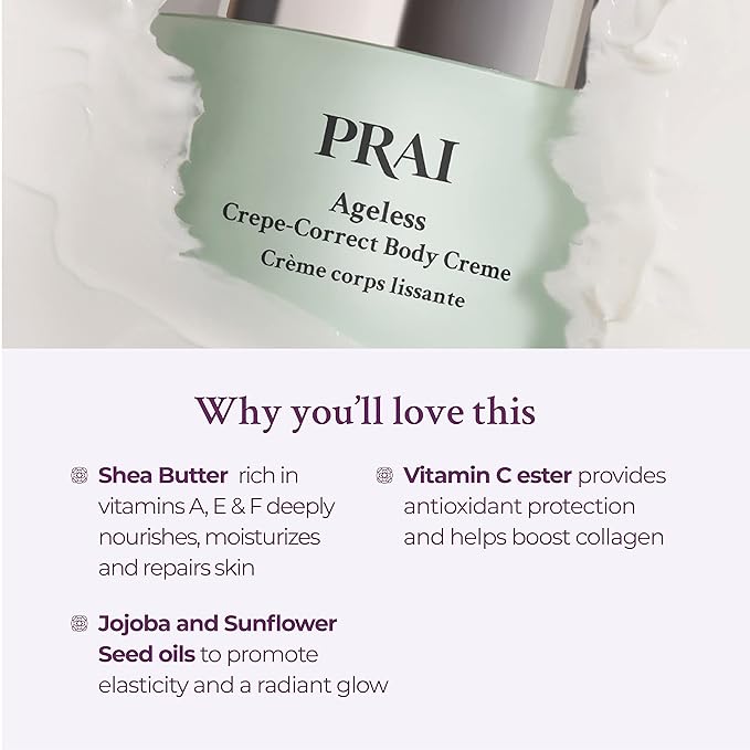 PRAI Beauty Ageless Crepe-Correct Body Creme - Anti-Aging and Anti-Wrinkle Body Cream for Crepe Skin - Body Skin Care Products for Ageless-Looking Skin - 4 Oz
