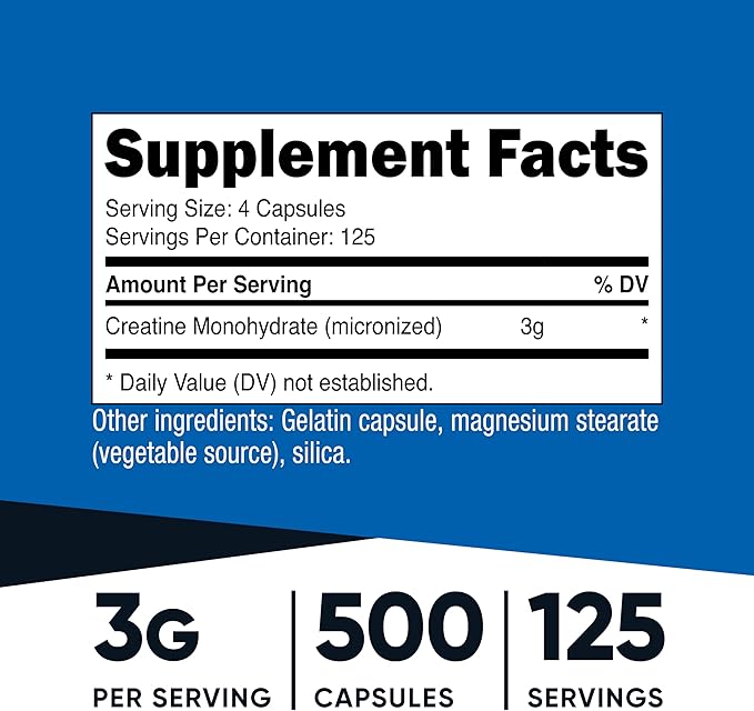 Nutricost Micronized Creatine Monohydrate 3000mg 500 Capsules 125 Servings 750mg of Creatine Monohydrate Per Capsule