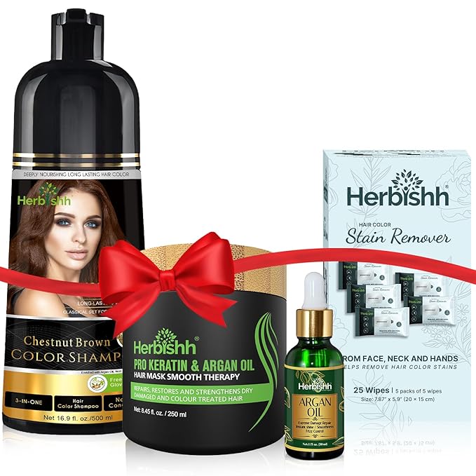 Herbishh Hair Color Shampoo for Gray Hair ? Natural Hair Dye Shampoo ? Lasts Up To 3-4 Weeks ? 500ML ? 3-In-1 Hair Color ? Colors Cleanses and Conditions (Chestnut Brown Giftset)