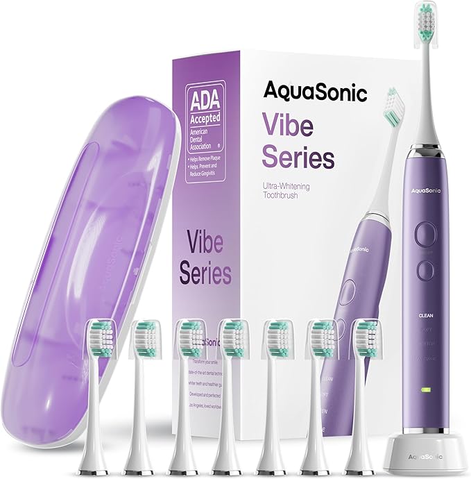 Aquasonic Vibe Series Ultra-Whitening Toothbrush ? ADA Accepted Electric Toothbrush - 8 Brush Heads &amp Travel Case ? 40000 VPM Motor &amp Wireless Charging - 4 Modes w Smart Timer ? Satin Violet