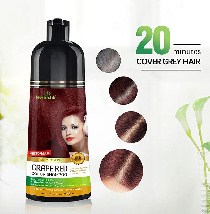 Herbishh Hair Color Shampoo (Grape Red) - Magic Hair Dye for Gray Hair - Ammonia-Free 3-in-1 Shampoo Conditioner - Lasts 2-3 Weeks 500 ml