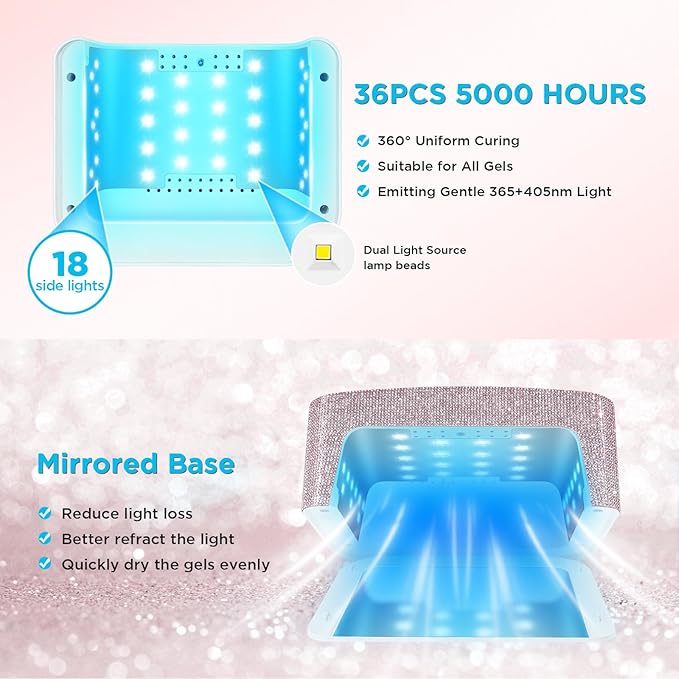 Aedavey Cordless UV Nail Lamp Rechargeable UV Light for Gel Nails LED Nail Lamp with 4 Timer Modes Gel Nail UV Light Decorate with Sparkling Nail Rhinestones