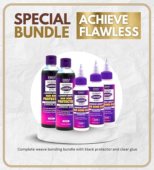 Wonder Weave Bond Hair Protector (Black) 8.5 oz Bundle with Hair Bond Glue (Clear) 2 oz by EBIN NEW YORK ? Protective Shield &amp Secure Hold ? Seamless Weave Bonding ? Gift Set (5 Items)