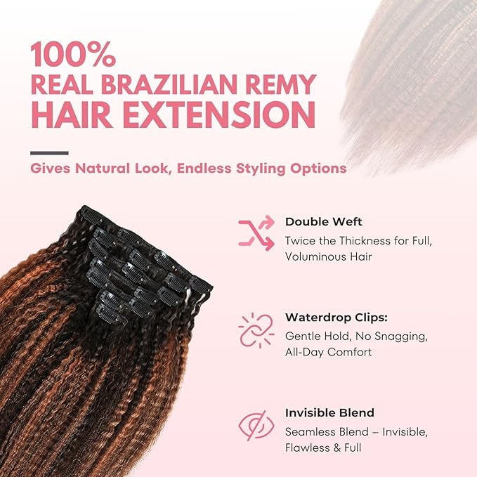 SIYUSI Kinky Straight Clip In Extensions 100% Brazilian Remy Human Hair Clip Ins Scalp-Friendly Invisible Clips Light Auburn Ombre 3.52oz 7Pcs (18 Inch)