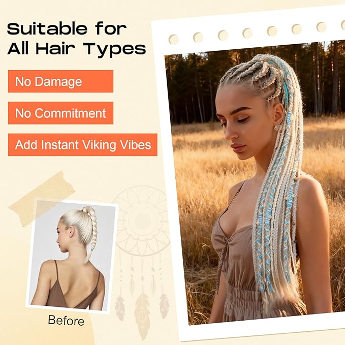SEIKEA Boho Braided Ponytail Extension with Hair Tie 24 Long Viking Dreadlock Beads Ponytail Hand-braided Braids Hair Extensions Lightweight Natural Synthetic Hairpiece for Festival Cosplay