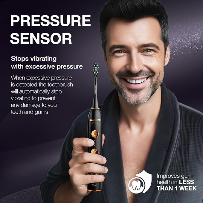 Wagner Stern WHITEN+ Edition. Whitening Electric Toothbrush with Pressure Sensor. Offers 5 Brushing Modes 3 intensities 8 Soft Brush Heads and a Luxury Travel case.