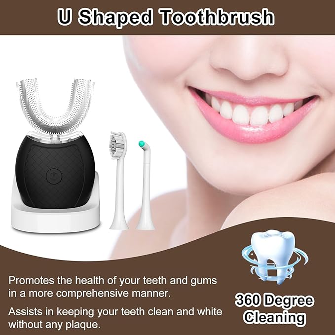 Ultrasonic U-Shaped Toothbrush for Teeth Whitening Electric Toothbrush for Adults 360-degree Cleaning3 Brush Heads Wireless Charging and IPX7 Waterproof Kit for Travel or Home(Black)