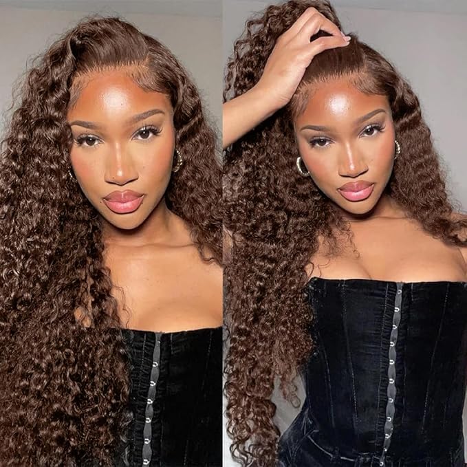32Inch 220% Density 13x6 Deep Wave Lace Front Wigs Human Hair Chocolate Brown HD Lace Front Wigs Human Hair Pre Plucked Deep Curly Lace Frontal Wigs for Women 100% Unprocessed Brazilian Virgin Hair