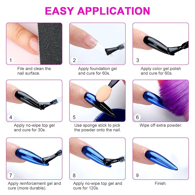 SAVILAND Chrome Nail Powder Set: 36 Colors Metallic Mirror Effect Holographic Chrome Nail Powder Iridescent Chameleon Pigment Manicure DIY Nail Art Decoration Glitter Dust with Sponge Brushes Home Use
