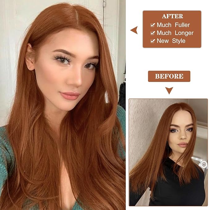 WECAN Straight Clip in Hair Extension Auburn 22 Inch 6PCS Long Straight Hairpieces for Women Thick Synthetic Fiber Double Weft Hair Full Head