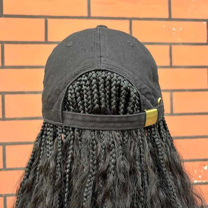 Boho Box Braids Hat Wigs with Human Hair Curly Ends Grab-and-Go Boho Braided Hair Extensions with Baseball Cap for Women Natural Black