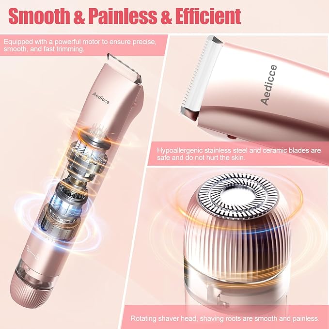 Bikini Trimmer for Women 2 in 1 Dual Head Womens Electric Shaver Electric Razors for Pubic Hair IPX7 Waterproof Rechargeable Facial Hair Removal for Shaving Underarm Leg Arm Body Face Rose Gold