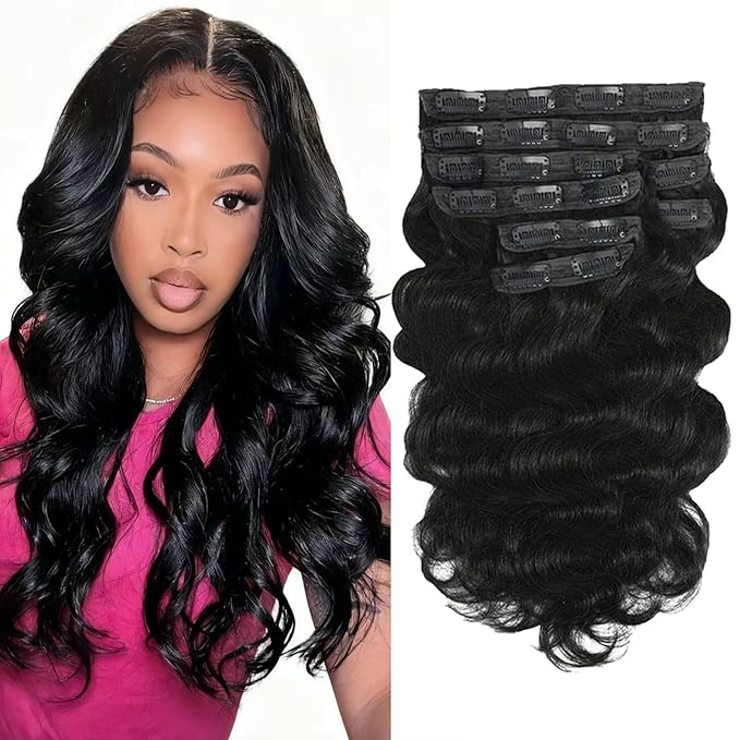 14 Inch Clip in Hair Extensions Real Human Hair Natural Black Clip in Extensions For Wamen Body Wave Human Hair Clip ins 8Pcs 110g