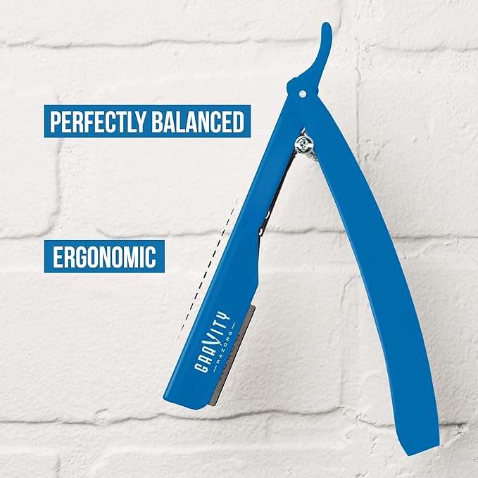 GRAVITY RAZORS Professional Straight Razor Kit ? Minimal Exposure Includes 10 Premium Blades 2mm Exposed Blue