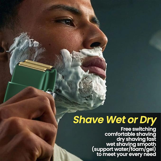 Electric Foil Shavers for Men 3 Speed Electric Razor for Men High Speed Dual Floating Blades IPX7 Waterproof Wet &amp Dry LED Display USB Type C Charging Foil Razor for Face/Beard/Head (Green)