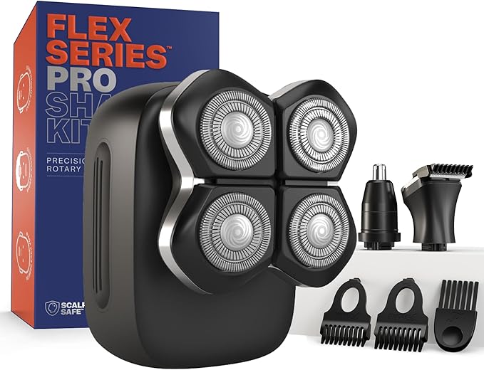 Freebird FlexSeries Pro Electric Head &amp Body Shaver - Mens Cordless Rechargeable Wet/Dry Skull Bald Head Back &amp Groin Waterproof Razor with Rotary Blades Clippers Nose Trimmer Brush Massag
