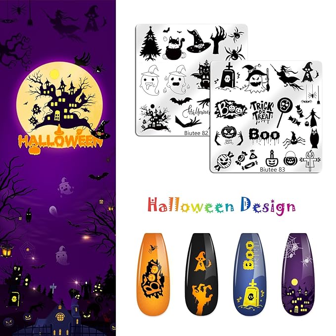 Biutee Nail Art Stamping Plate Set 15PCS Nail Stamp Plates 8PCS Nail Stamping Gel Polish Nail Stamper and Scraper Halloween Christmas Butterfly Letters Bow Design Nail Stamping Kit with Storage Bag
