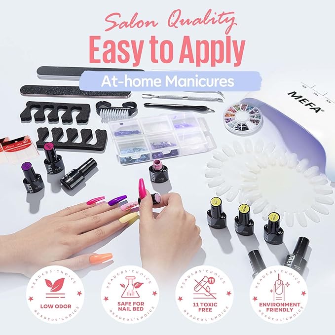 MEFA 60 Pcs Gel Nail Polish Kit with U V Light 32 Colors Popular Soak Off Nude Pink Red Gel Polish Nail Set with Matte/Glossy Gel Top Base Coat Manicure Tools Nail Art Decorations DIY Salon