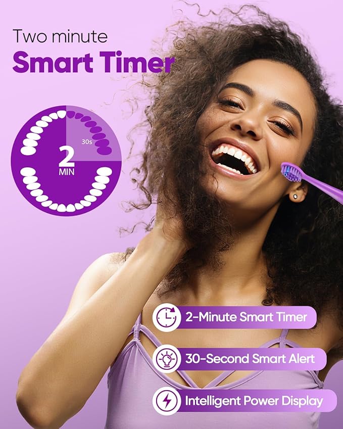 MySmile DY156 Electric Toothbrush for Adults Rechargeable Sonic Battery Toothbrush Portable with 3 Brush Heads 2 Mins 5 Modes Smart Timer 45000VPM One Charge for 60 Days - Purple