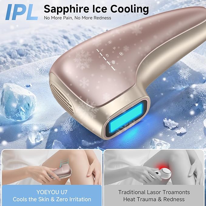 Painless IPL Laser Hair Removal for Women &amp Men 39°F Sapphire Ice Cooling Technology At-Home Laser Hair Removal Device for Face Armpits Legs Bikini &amp Whole Body Long-Lasting Results