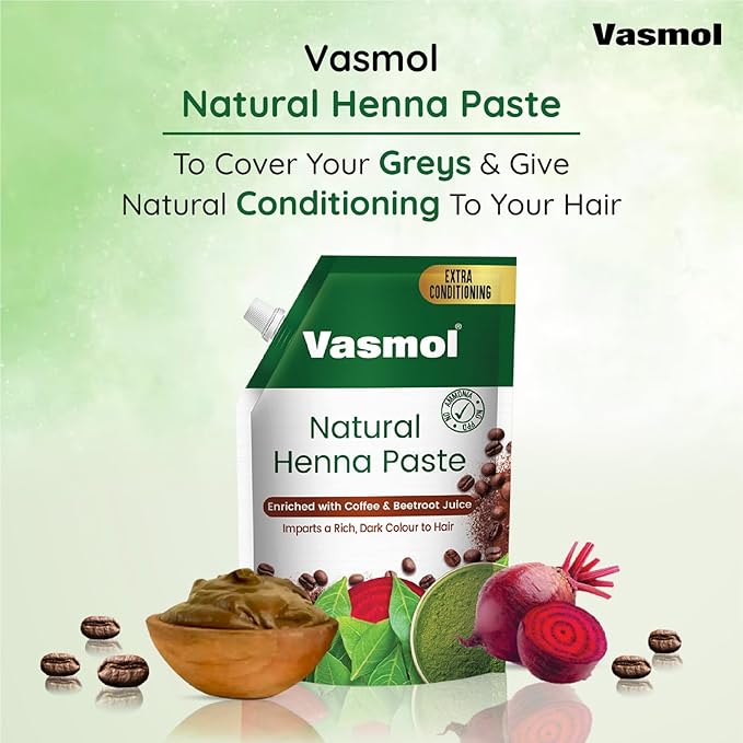 Vasmol Henna 100% Pure Henna Powder (Mehendi) 500gms I For Grey Hair Coverage Hair Conditioning &amp Nourishment I For Mehndi designs on Hands and Feet I For Hair Colour I Suitable for Men and Wome