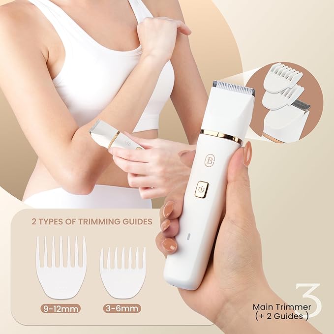 Bella Ciao 10-Piece Body-Hair and Bikini Trimmer Set for Women Electric Razor with Ear- and Nose-Hair Trimmer Detail Trimmer Heads Ceramic Blade Includes Comb Guides Charging Dock and USB Cable