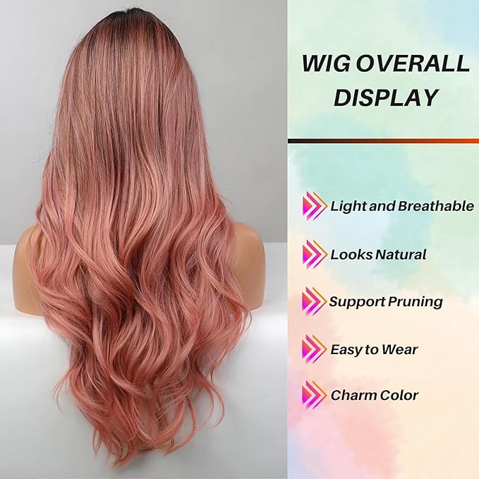 Honygebia Pink Wigs with Bangs - Long Ombre Pink Wigs for Women Light Wavy Heat Resistant Hair Pink Synthetic Dark Root Natural Looking - Best Wig for Halloween/Christmas/Cosplay/Party