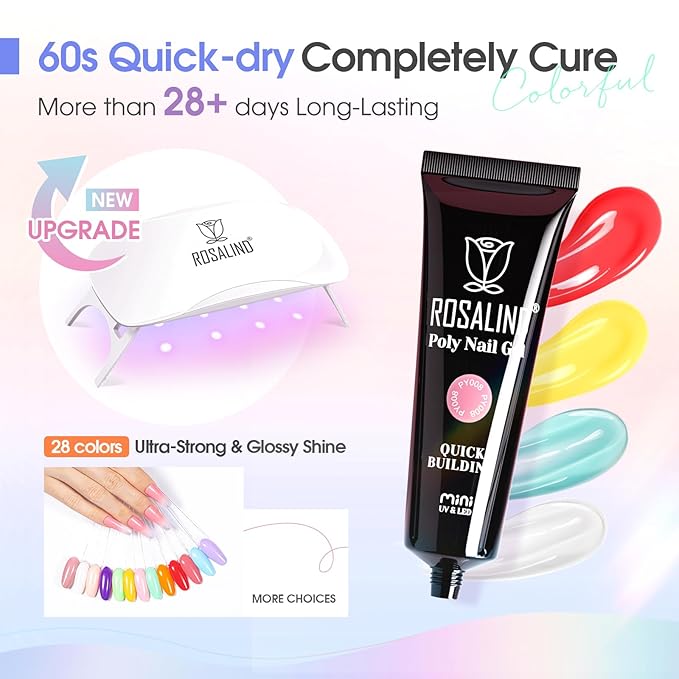 ROSALIND 28 Colors Poly Nail Gel Kit with Mini Lamp Clear Neon Poly Nail Gel Starter Kit for Beginners Halloween All Seasons Classic Colors with Everything