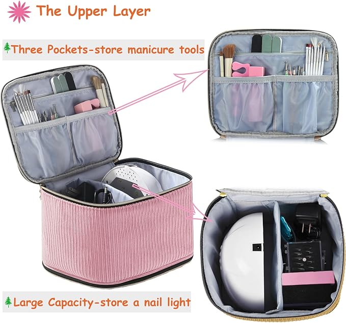 Corduroy Nail Polish Organizer and Nail Lamp Case Nail Kit Organizer Holds 30 Bottles (15ml - 0.5 fl.oz) and a Nail Lamp Nail Polish Carrying Case with Manicure Tools Storage Sections (Pink)