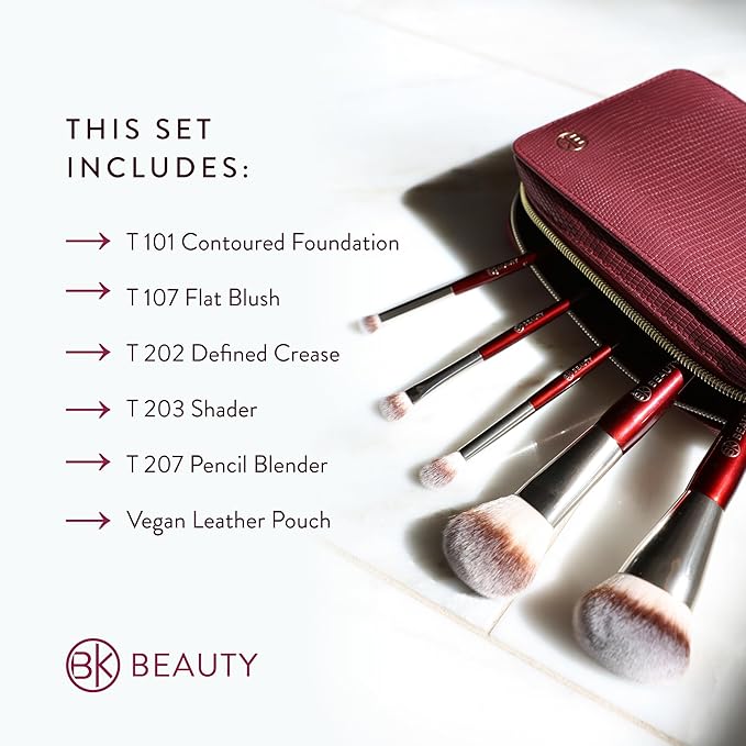 BK BEAUTY Travel Brush Set with Pouch 5-Piece Vegan Cruelty-Free Brushes for Face &amp Eyes | Lightweight Durable Makeup Brushes in Vegan Leather Pouch Perfect Travel-Size Makeup Brush Set