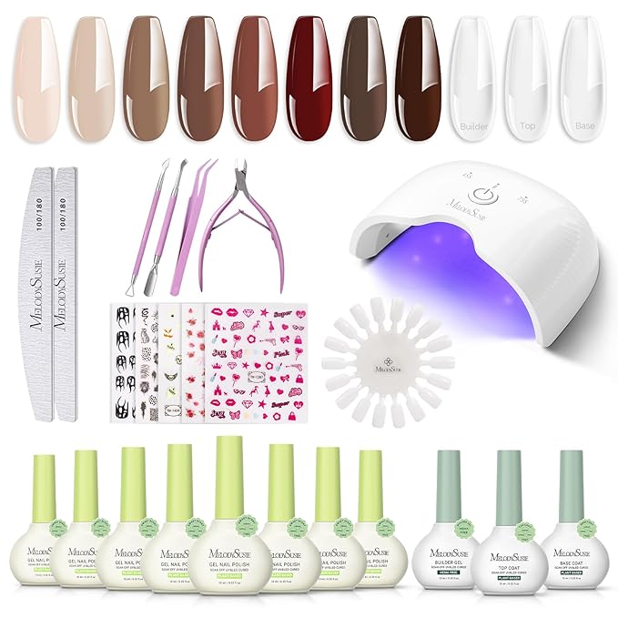 MelodySusie Gel Nail Kit with P-ART06G Cordless UV Lamp Christmas Gift for Women Plant Based HEMA Free Fall Nails Polish with No Wipe Top Coat Base &amp Builder Gel