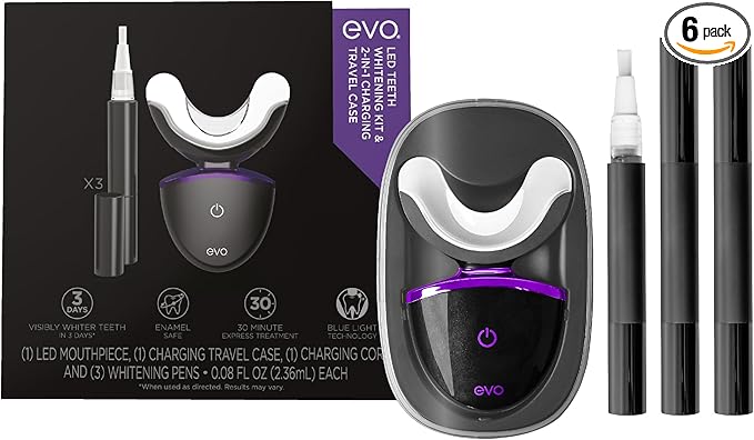 EVO LED Light Teeth Whitening Kit with Blue Light Mouthpiece Enamel Safe Stain Remover Charging Travel Case Includes 3 Whitening Pens 30-Minute Treatments