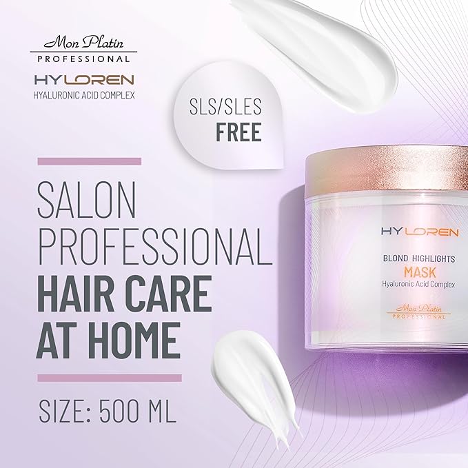 Mon Platin HYLOREN Blonde Highlights Mask with Hyaluronic Acid - 500 ml Premium Blonde Hair Mask to Neutralize Yellow and Orangey Tones - Treatment to Repair Restore Soften and Strengthen Hair