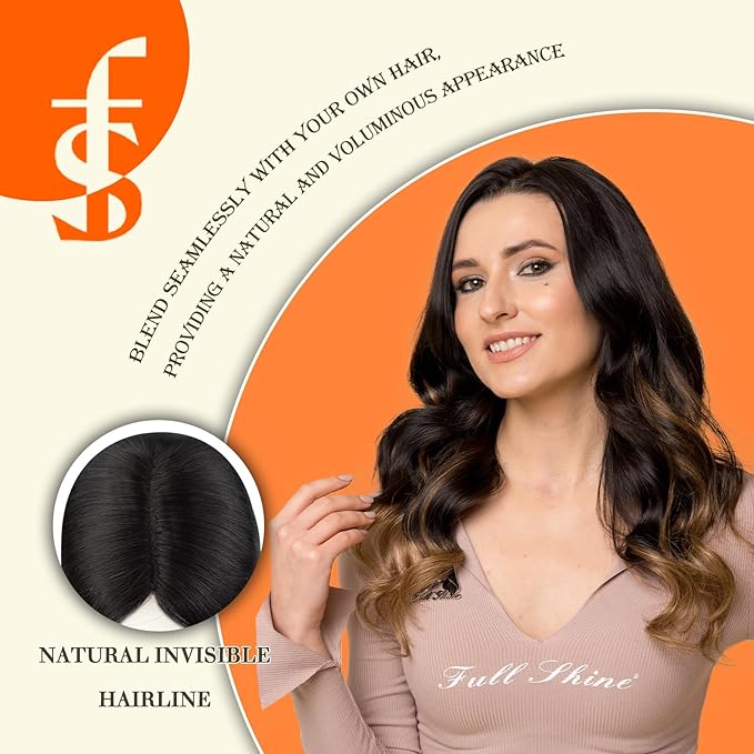Full Shine Topper Extensions Color 2/8/2 Black with Blonde 12 Inch Hidden Crown Hair Extensions Hair Pieces with Clips 5 * 5 Inch Clip in Silk Human for Women Remy Extensions