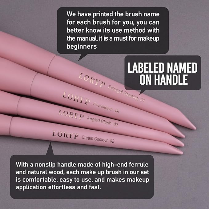 LORYP Makeup Brushes Set Labeled 18 Piece Face and Eye Brush Set Ultra soft hair Foundation Concealer Blush Contour Blending Eyeshadow Pink Brush kit