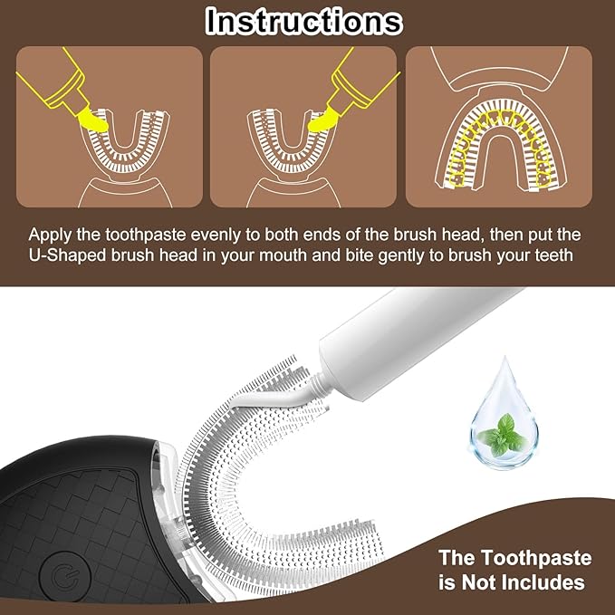 Ultrasonic U-Shaped Toothbrush for Teeth Whitening Electric Toothbrush for Adults 360-degree Cleaning3 Brush Heads Wireless Charging and IPX7 Waterproof Kit for Travel or Home(Black)