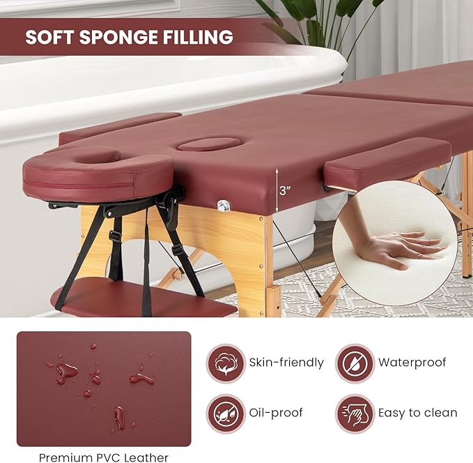 Giantex Massage Table Portable Massage Bed w/Carrying Case 2-Section Salon Spa Facial Care Tattoo Bed Height Adjustable Wood Frame Professional Massage Lash Bed for Eyelash Extension (Red)