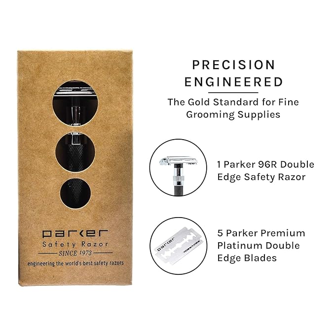 Parker 96R Graphite Gray Long Handle Butterfly Open Double Edge Safety Razor for Men 5 Parker Premium Platinum Double Edge Razor Blades Included