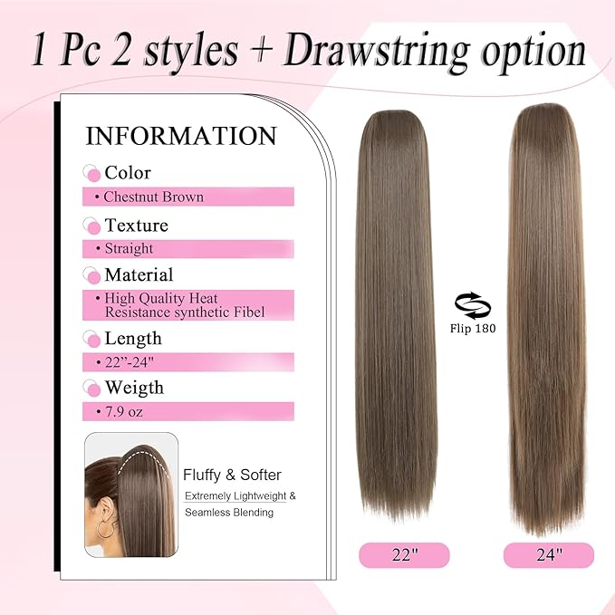 Ponytail Extension 24 Long Straight Claw Clip Ponytail Extension clip on ponytails hair clip Hair claw clip Fake Ponytail Hairpieces for Women ? Chestnut Brown