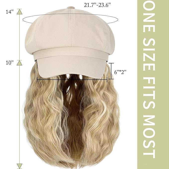 YEKEYI Beret Hat with Hair Newsboy Cap with Bob Hair Extensions Hat Wig Visor Beret Short Curly Wavy Hairpiece for Women