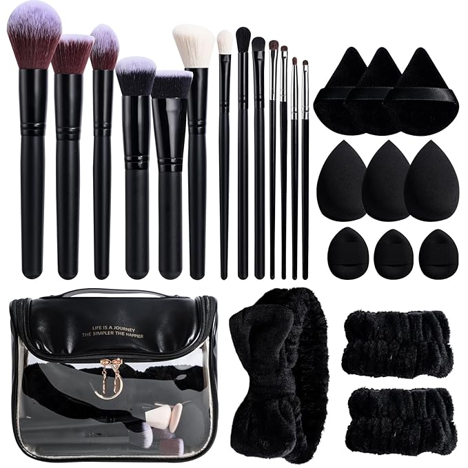BS-MALL Makeup Brush Set with Waterproof Travel Bag &amp Makeup sponges -26 Pcs Set Triangle Puff &amp Face Washing PuffsFace Wash Headband Wristband for Travel Go Camping Gift &amp Makeup Beginne