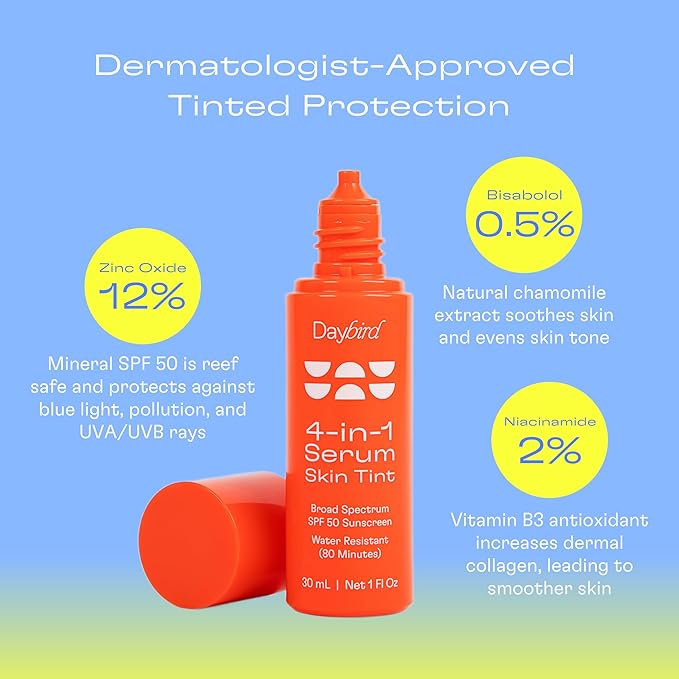 Daybird 4 in 1 Tinted Serum Tinted Moisturizer and Sunscreen for Face SPF 50+ Niacinamide 1 Ounce (Medium-Deep)