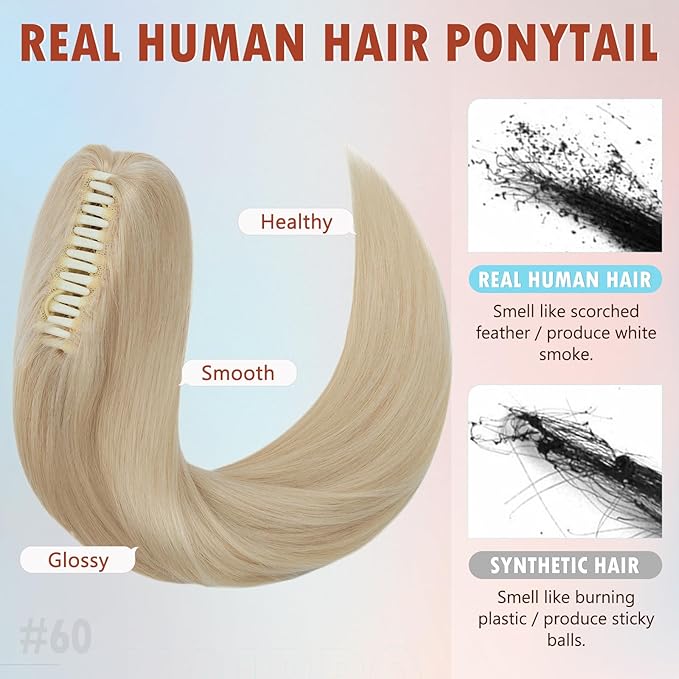 Hairro Claw Clip In Ponytails Extensions Jaw On Real Hair Ponytail Long Jaw/Claw Pony Tail With Clips Hairpieces For Women 18 Inch 115g #60 Platinum Blonde