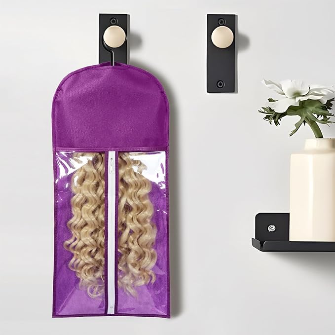 12PCS Wig Bags With Hanger - Hair Extension Holder for Multiple Wigs - Organizer (6PCS Black &amp 6PCS Purple)