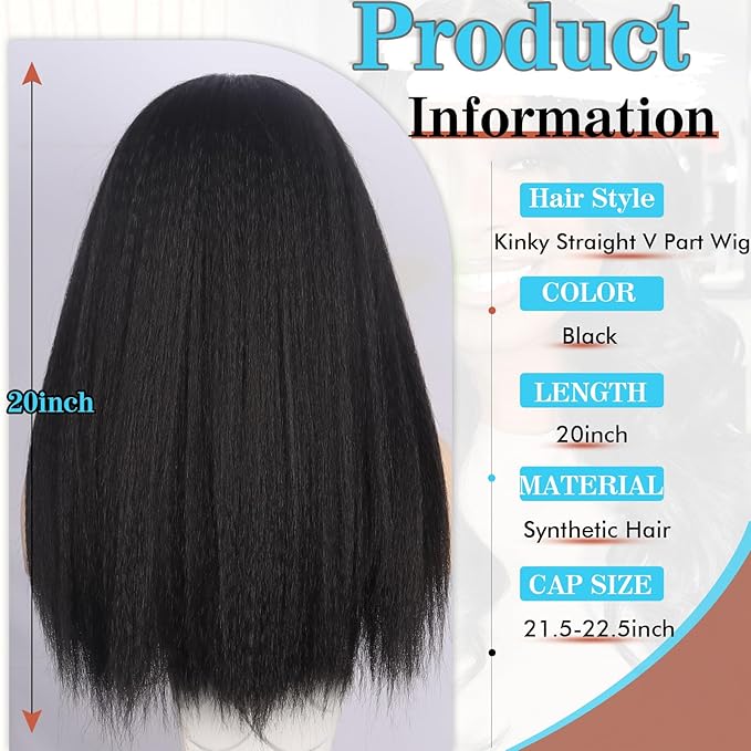 KRSI Kinky Straight V Part Wigs 20inch Synthetic Black U Part Wig Thin Leave Out Glueless V Part Half Wig Clip In Kinky Hair Wigs for Black Women