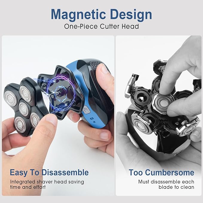 Telfun Magnetic Head Shavers for Bald Men Cordless 5-in-1 Electric Razor for Fast Shaving- IPX7 Waterproof Wet/Dry Mens Grooming Kit - Easy Use Palm Shaver for a Smooth Bald Shave