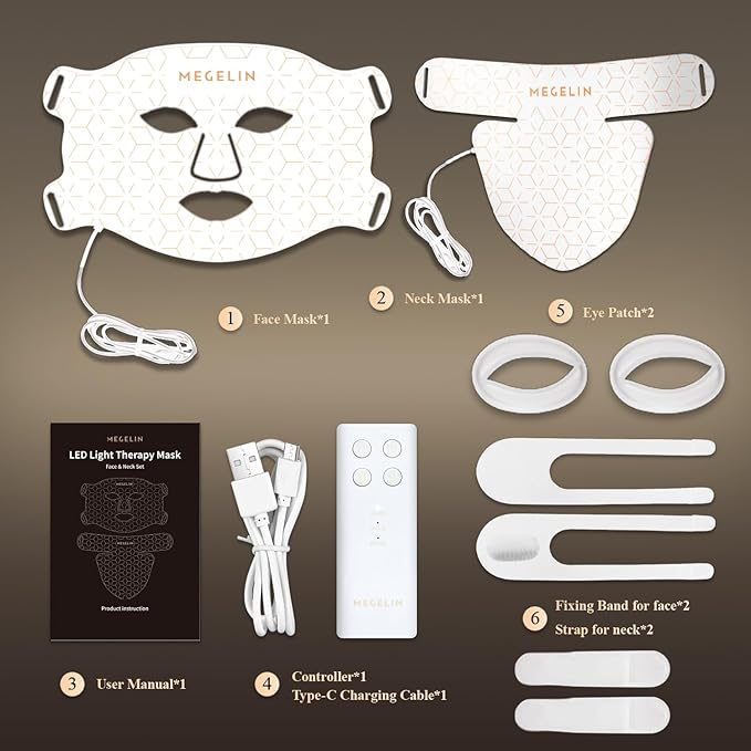 MEGELIN Led Red Light Therapy Face &amp Neck Mask 7 Colors Led Light Therapy Facial Mask Infrared Red Light Therapy Mask Infrared Light Skin Rejuvenation(White)