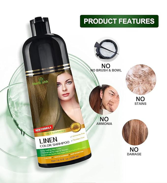 Herbishh Hair Color Shampoo - Magic Gray Hair Dye Long-Lasting 3-in-1 Coloring Formula 500ml Ammonia-Free (Linen)