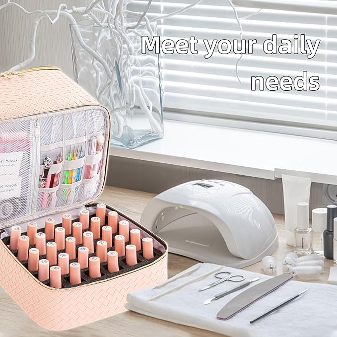 Portable Nail Polish Storage Bag with UV Light Case - Holds 30 Bottles and 1 UV LED Nail Lamp Double-Layers Nail Dryer Case for Gel Nail Polish Kit Nail Art Decorations (Woven Pink)