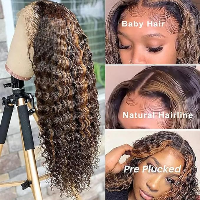 Ombr? Lace Front Wig Human Hair 4/27 Honey Blonde Highlight Curly Lace Front Wig Human Hair 13x4 Hd Lace Frontal Wigs 180% Density Deep Wave Frontal Wig 26 Inch